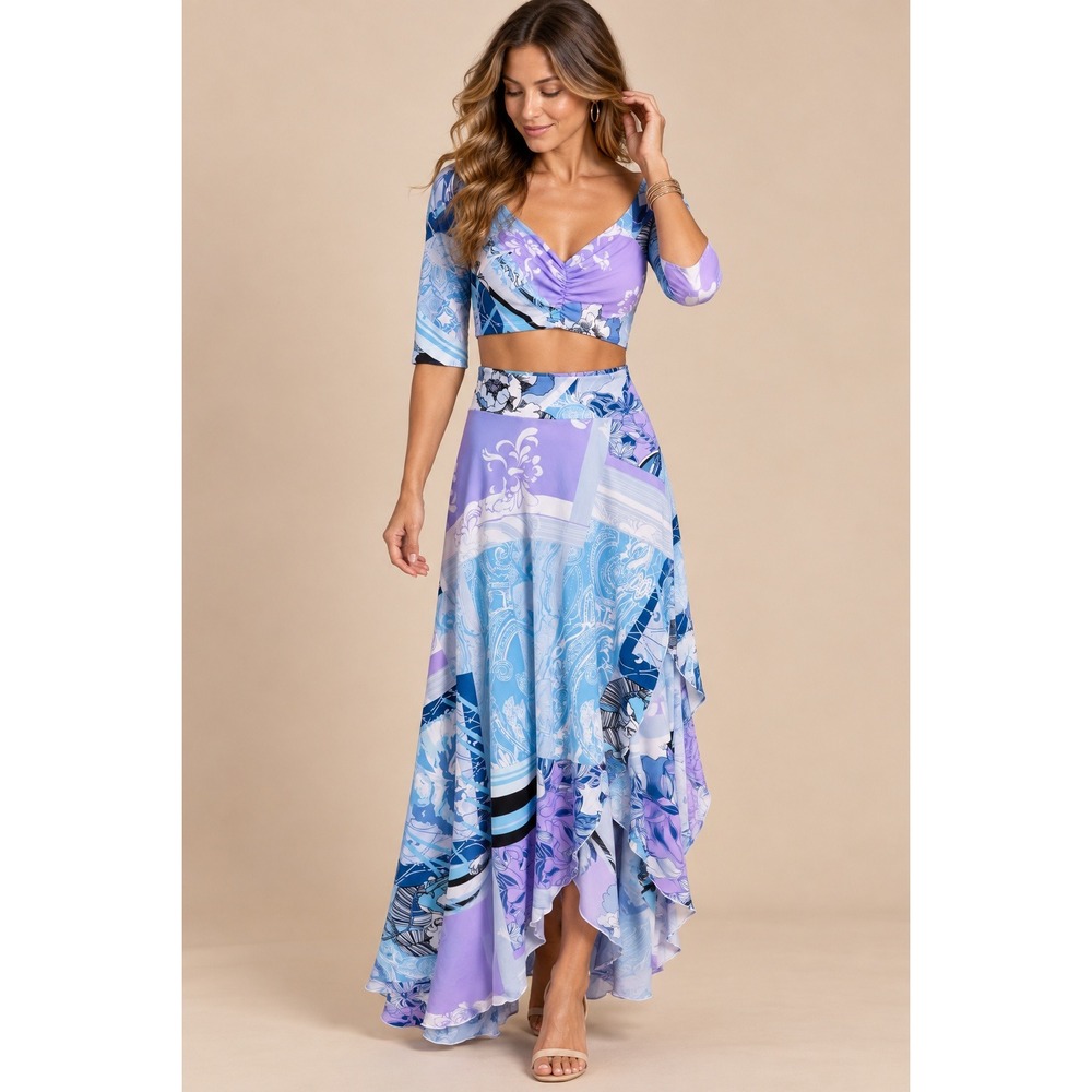 Pia Colors Women Two Piece Set S Blue Purple Floral Ruched Crop Top Maxi Skirt